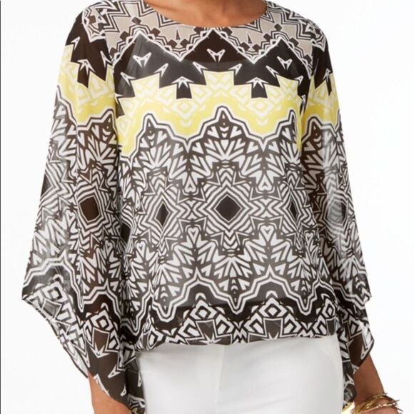 Alfani Petite Printed Angel-Sleeve Bubble Top, Yellow/Black PS NWT - Picture 1 of 10